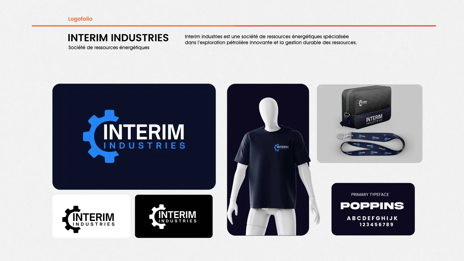 Interim Industries : logo bleu à engrenage, variantes noir et blanc et applications sur textile et accessoires.