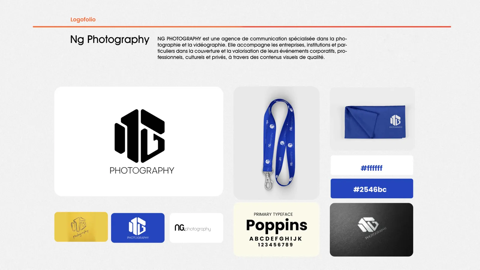 NG Photography : monogramme géométrique noir, palette bleue, cordon et déclinaisons du logo sur supports.