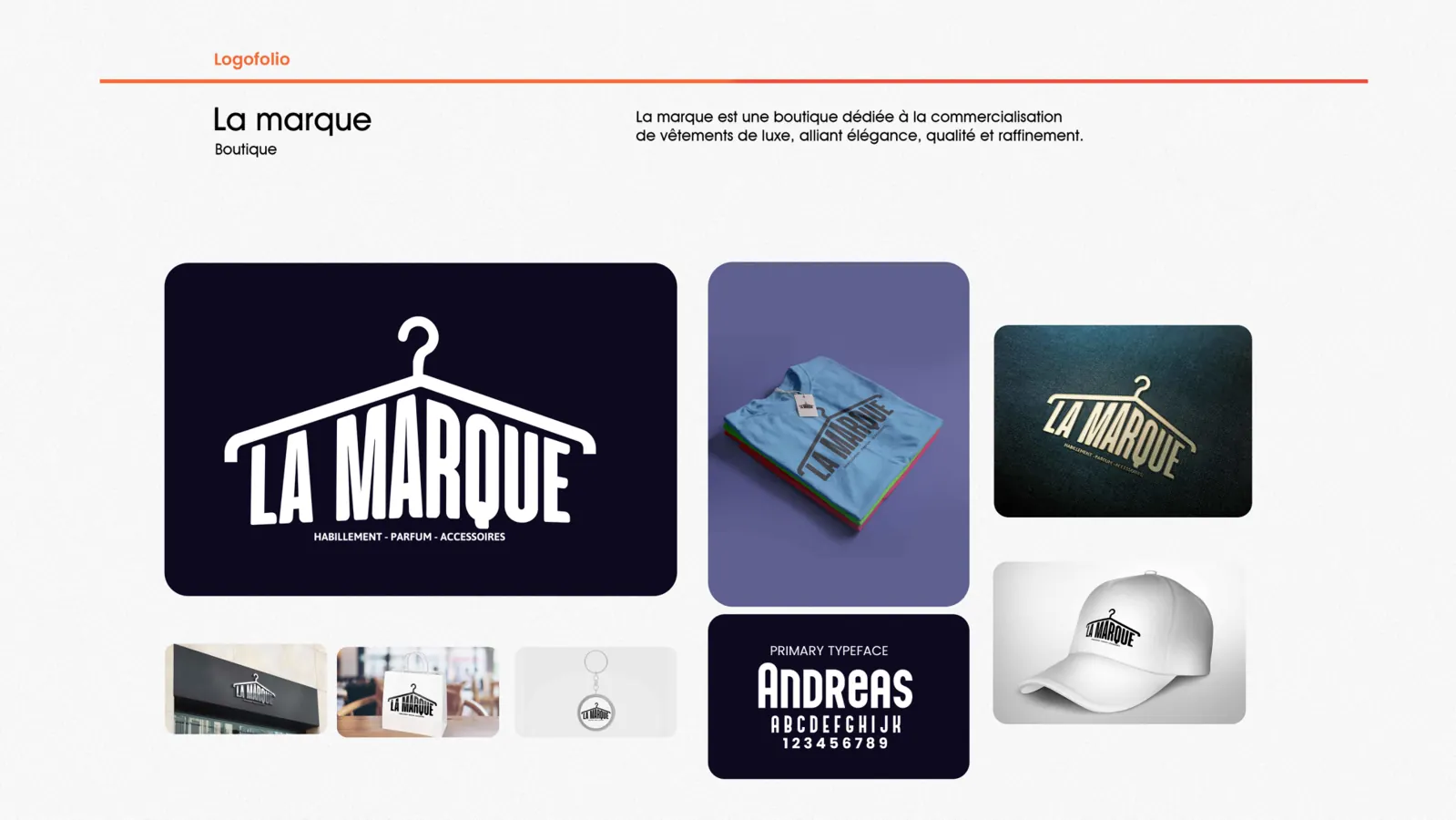 La Marque : logo au cintre blanc sur fond marine, avec déclinaisons sur t-shirts, casquette et boutique.