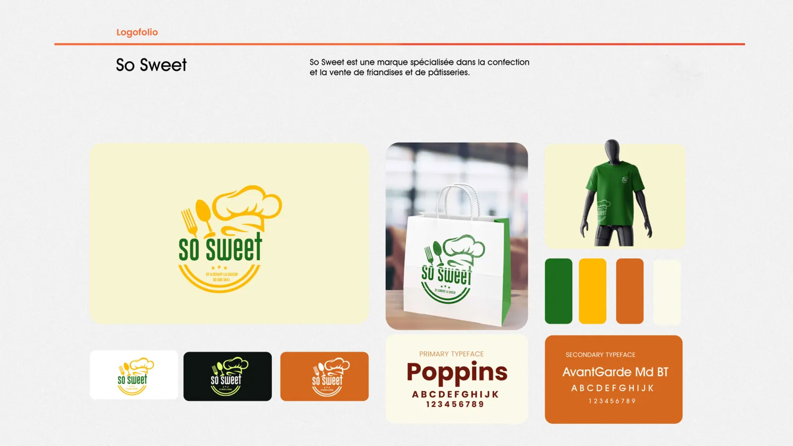 So Sweet : identité pâtisserie verte et dorée, logo gourmand, sac, t-shirt et palette de couleurs.