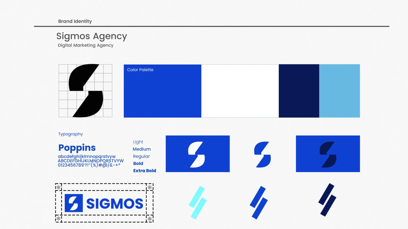 Sigmos Agency : construction du symbole, déclinaisons bleues, gamme chromatique et police Poppins.