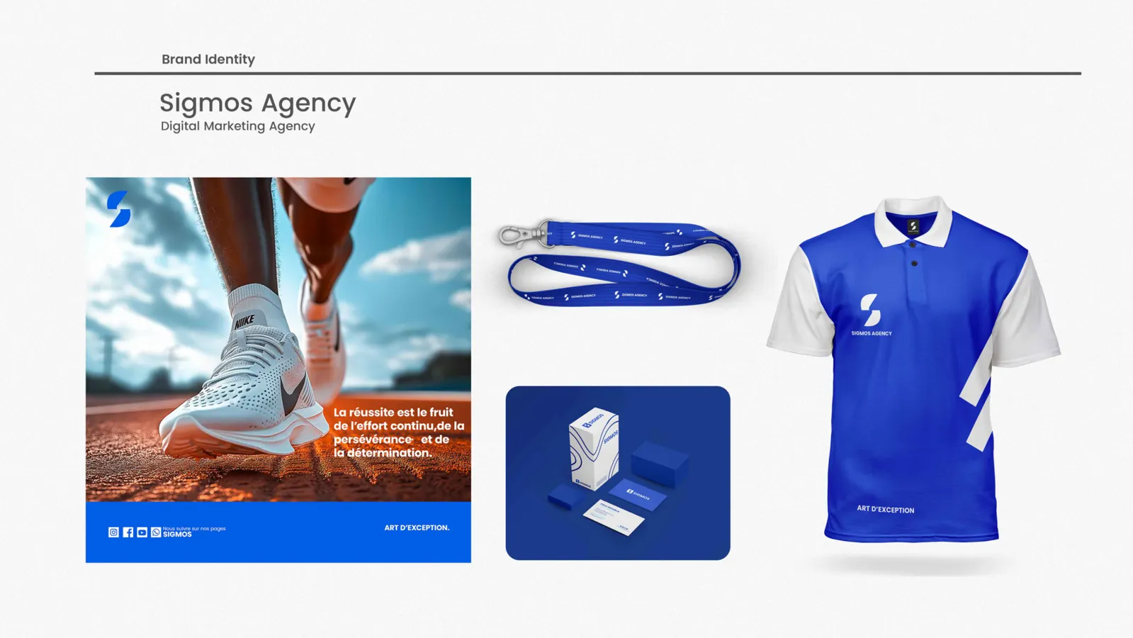 Sigmos Agency : déclinaisons de marque sur publication, cordon, papeterie et polo bleu et blanc.