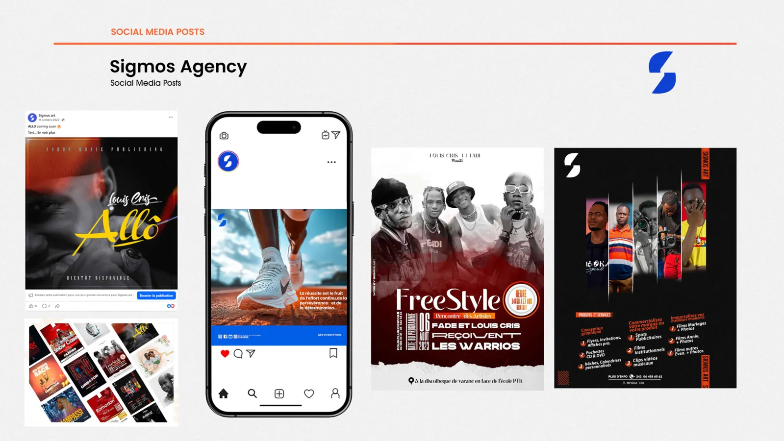 Sigmos Agency : sélection de visuels sociaux avec maquettes Facebook et Instagram et affiches événementielles.