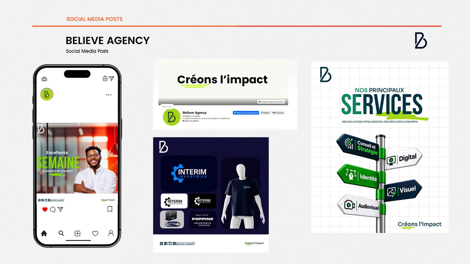 Believe Agency : publications Instagram, couverture Facebook et visuels de services à dominante verte et marine.