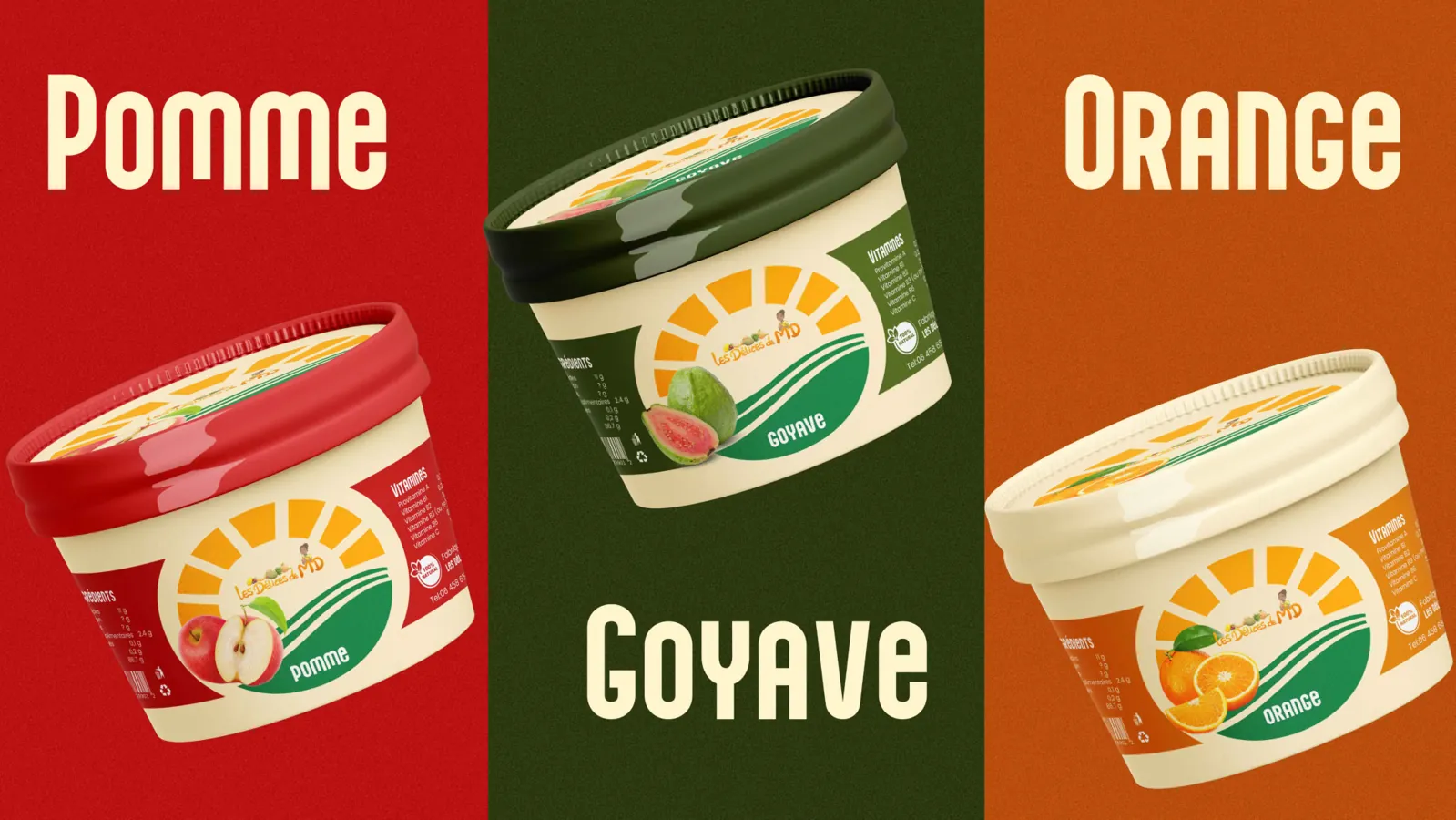 Les Délices de MD : trio de pots fruités sur fonds rouge, vert et orange, avec étiquettes assorties.