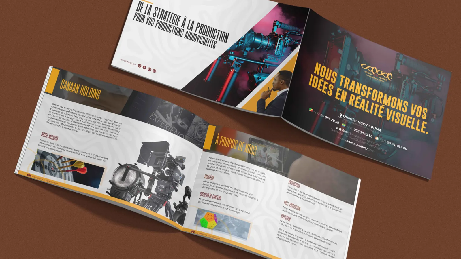 Canaan Holding : doubles pages de brochure corporate montrant stratégie, production et coordonnées.