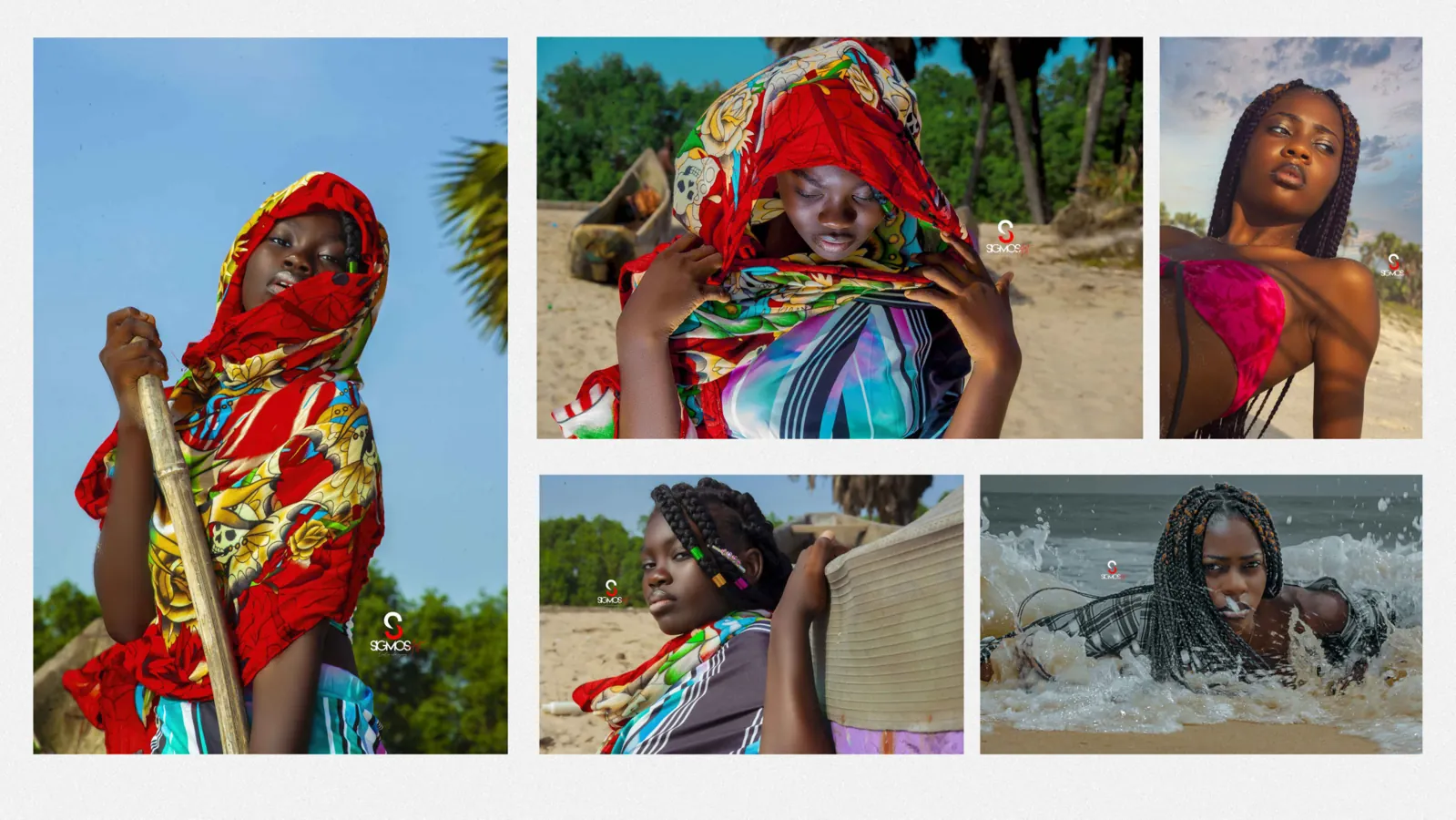Photographie éditoriale : série de cinq portraits d'une femme sur une plage, foulard rouge et mer en arrière-plan.
