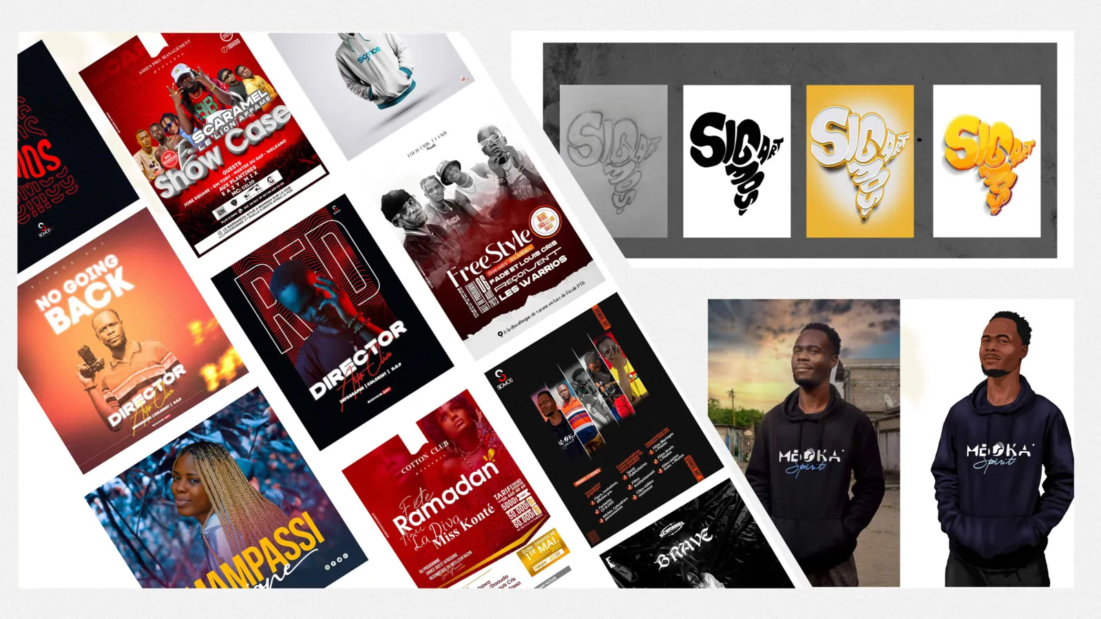Affiches et création : montage d'affiches événementielles, recherches de logo et mockups de sweat à capuche.